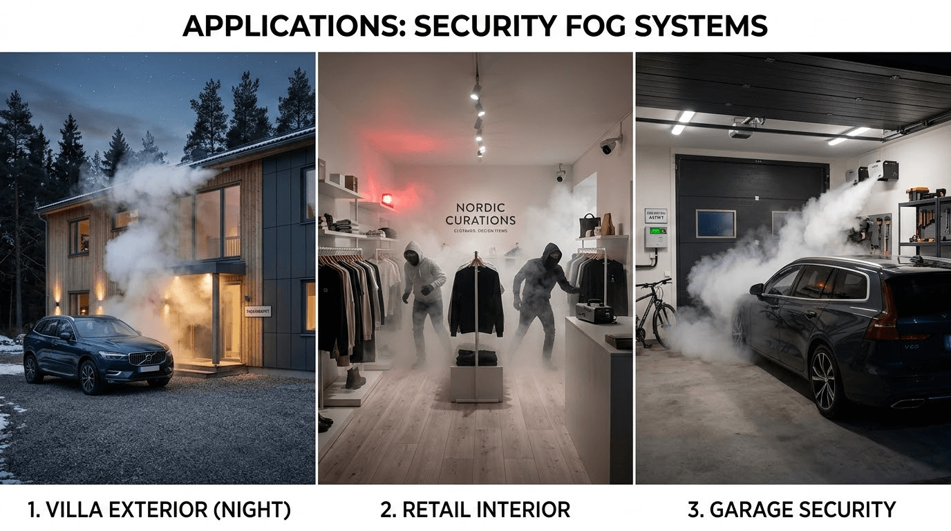 Collage av hem, butik och garage som skyddas av dimgenerator i Sverige