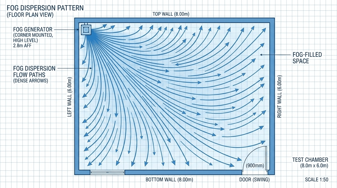 Diagram som visar hur dimman sprids i ett rum från hörnet i taket nedåt