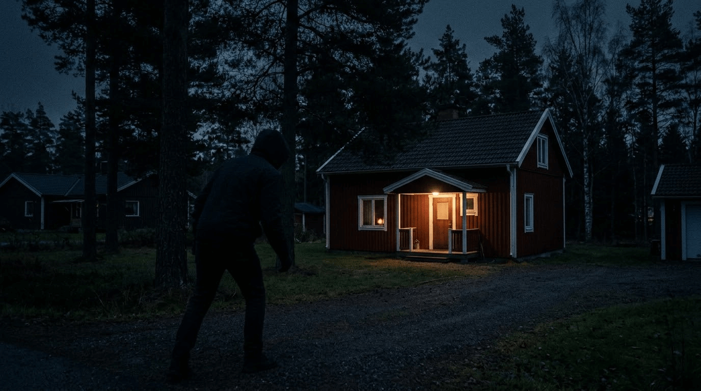 Inbrottstjuv som studerar ett hus — vanliga säkerhetsmisstag hos svenska hem